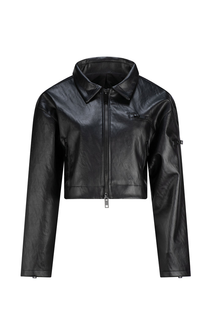 Onyx Cropped Faux Leather Jacket - Black