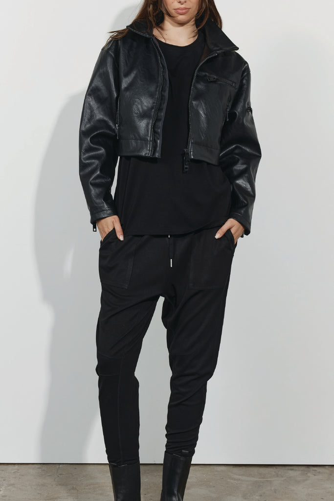 Onyx Cropped Faux Leather Jacket - Black
