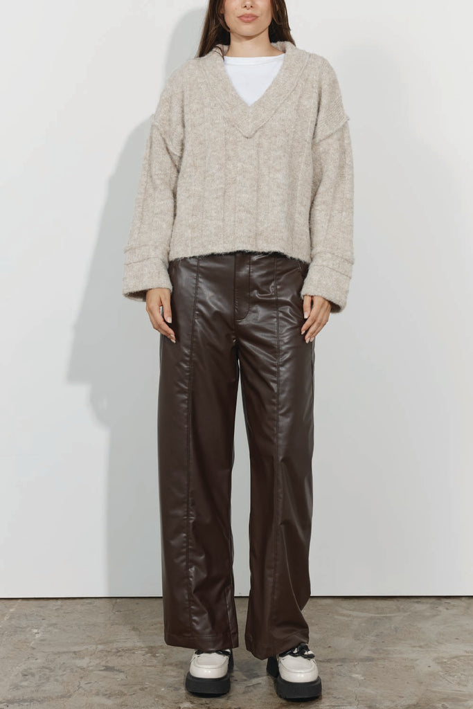 Varsha Knit – Women’s V-Neck Ribbed Knit Sweater- Latte