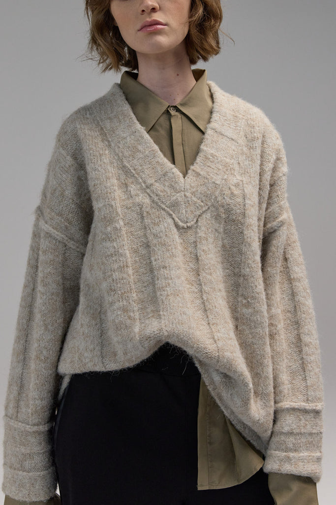 Varsha Knit – Women’s V-Neck Ribbed Knit Sweater- Latte