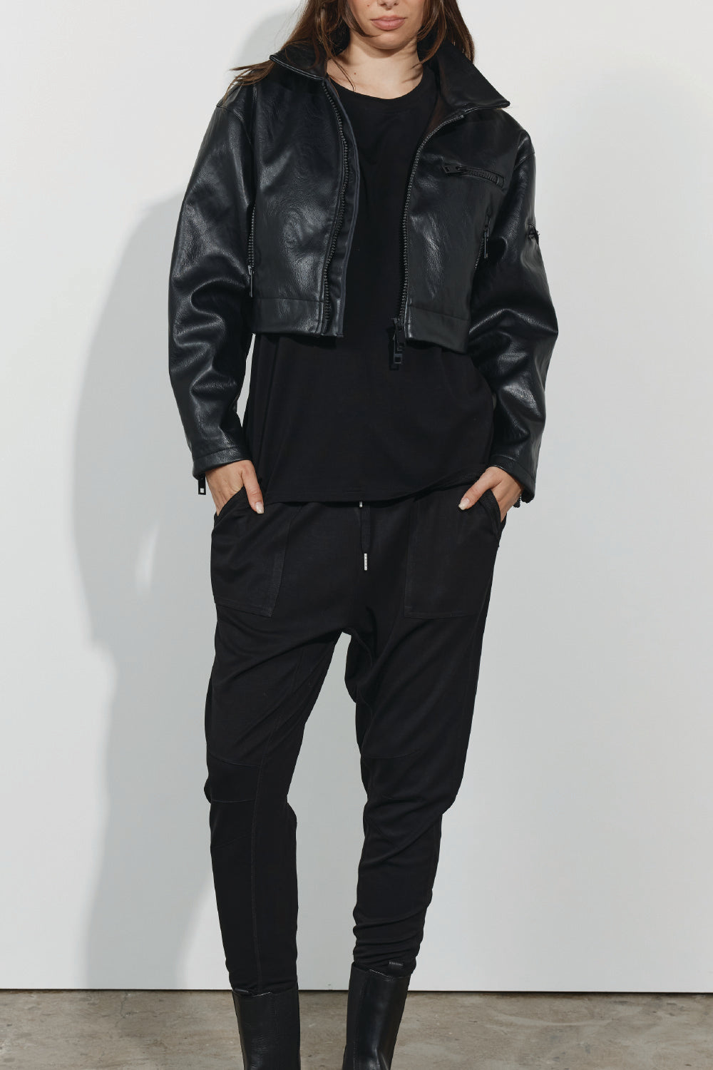 Onyx Cropped Faux Leather Jacket - Black